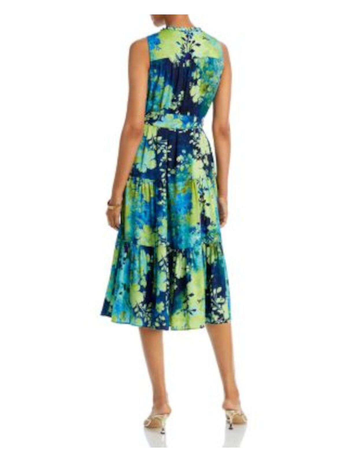 KOBI HALPERIN Womens Green Ruffled Pocketed Tie-belt Tiered Printed Sleeveless Round Neck Midi Fit + Flare Dress L