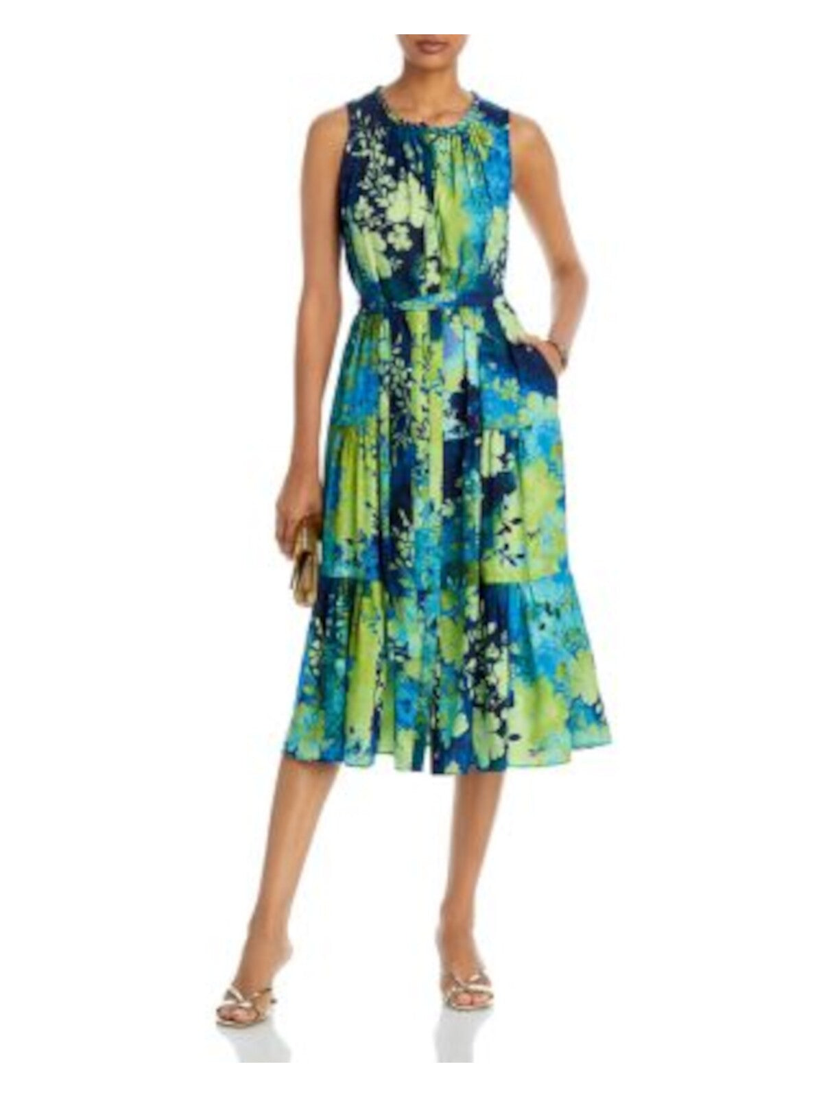 KOBI HALPERIN Womens Green Ruffled Pocketed Tie-belt Tiered Printed Sleeveless Round Neck Midi Fit + Flare Dress L