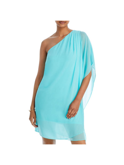 KOBI HALPERIN Womens Aqua Pleated Lined Drape Sleeve Pullover Asymmetrical Neckline Above The Knee Party Shift Dress M