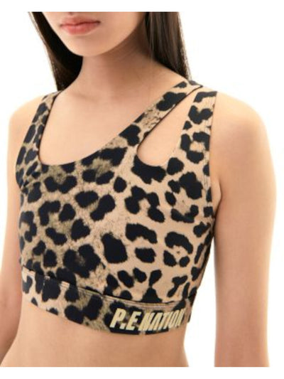 P. E NATION Intimates Beige Asymmetric Neck Logo Graphic Band No Cups Low Impact Animal Print Sports Bra 2XS