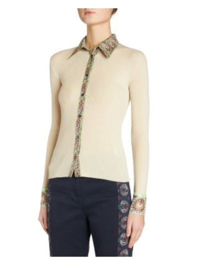 ETRO Womens Beige Ribbed Long Sleeve Point Collar Button Up Top 42