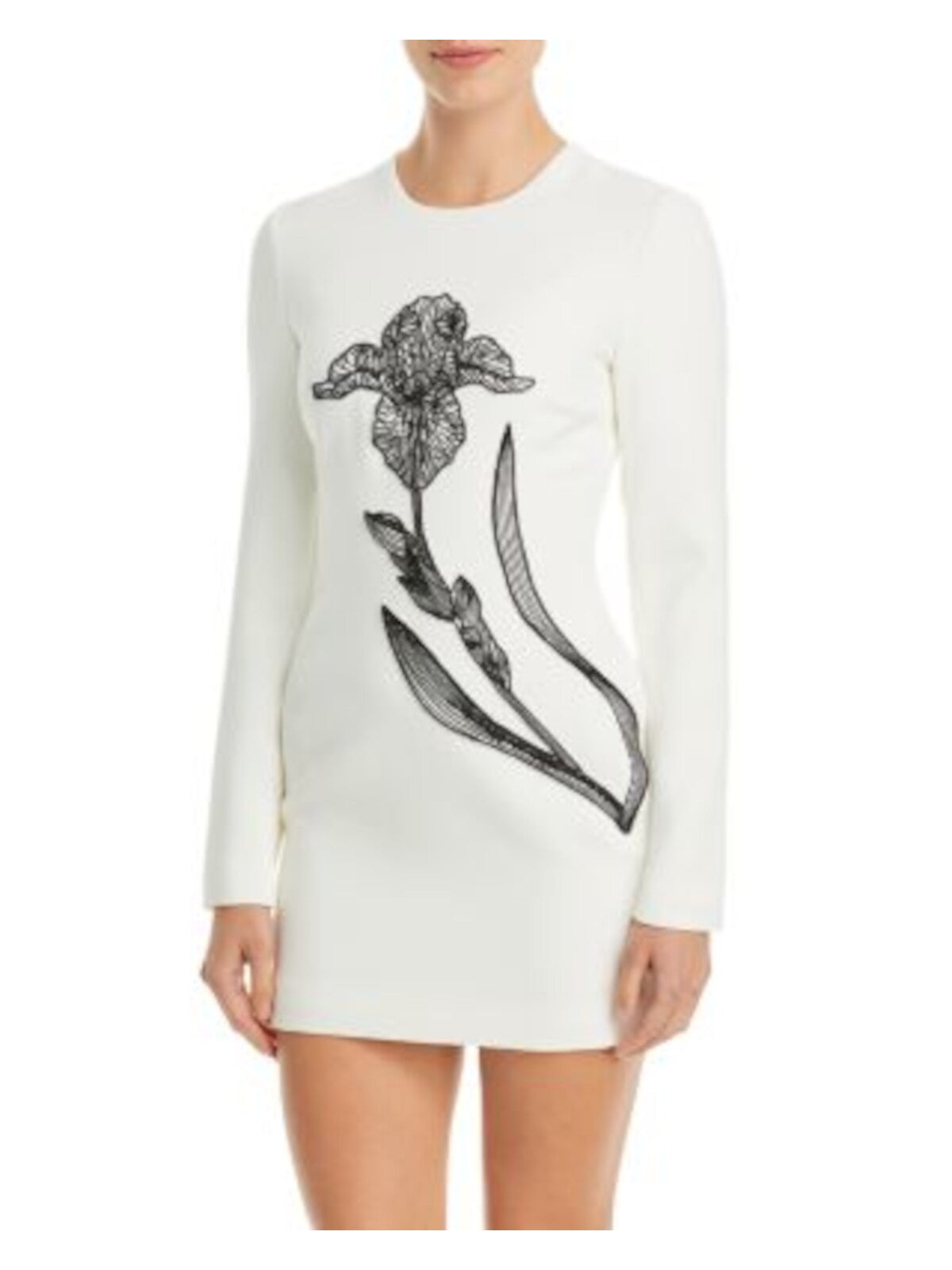 DAVID KOMA Womens White Zippered Lined Beaded Floral Accent Long Sleeve Round Neck Mini Evening Sheath Dress 6