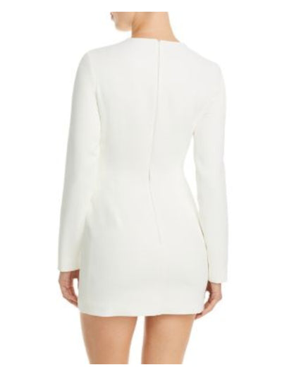 DAVID KOMA Womens White Zippered Lined Beaded Floral Accent Long Sleeve Round Neck Mini Evening Sheath Dress 6