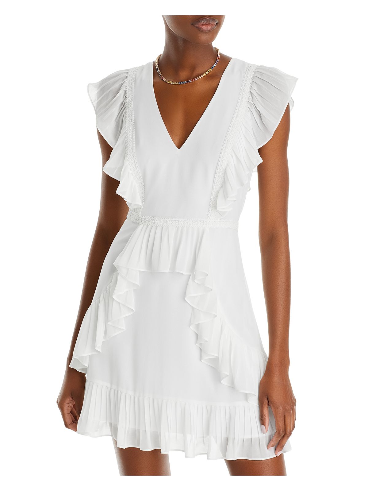 BCBG MAXAZRIA Womens White Zippered Pleated Lined Crochet Trim Sheer Ruffled Flutter Sleeve V Neck Above The Knee Fit + Flare Dress 16