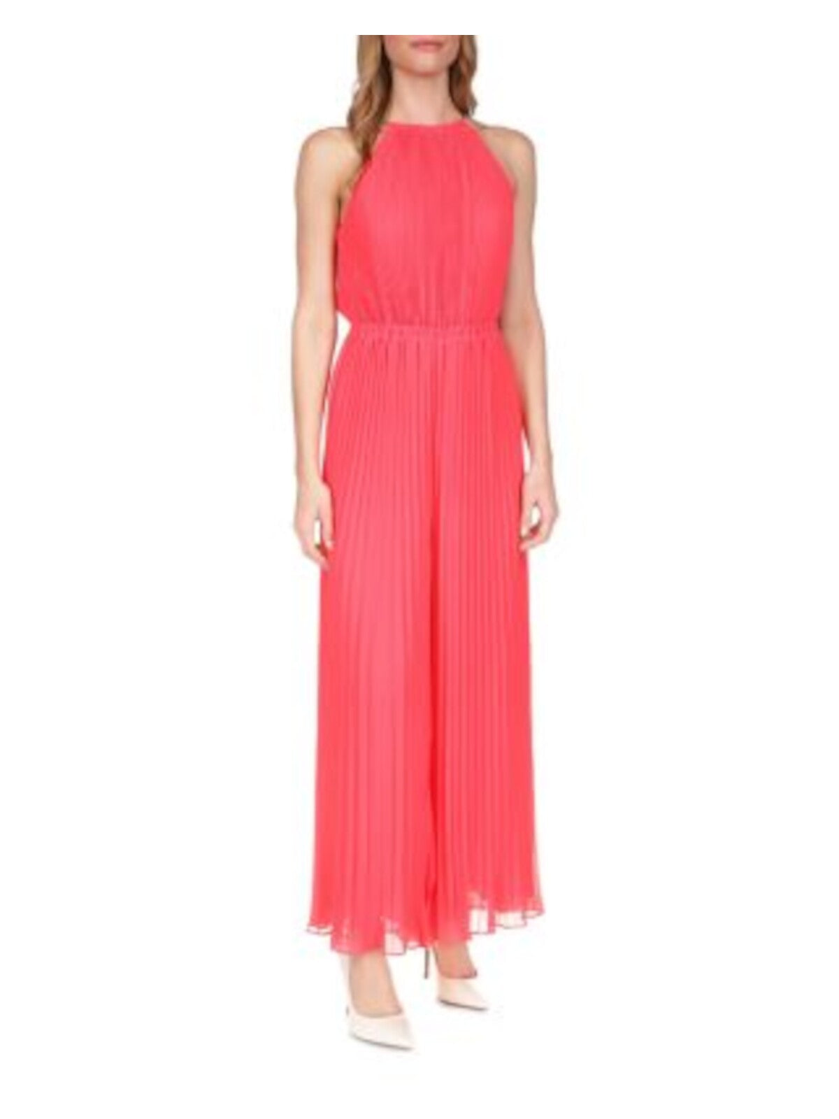 MICHAEL MICHAEL KORS Womens Coral Pleated Zippered Chain-neck Keyhole Back Lined Sleeveless Halter High Waist Jumpsuit S