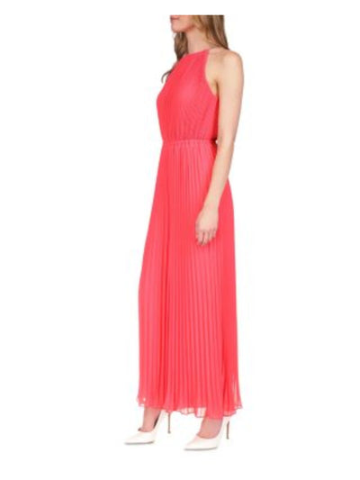 MICHAEL MICHAEL KORS Womens Coral Pleated Zippered Chain-neck Keyhole Back Lined Sleeveless Halter High Waist Jumpsuit S