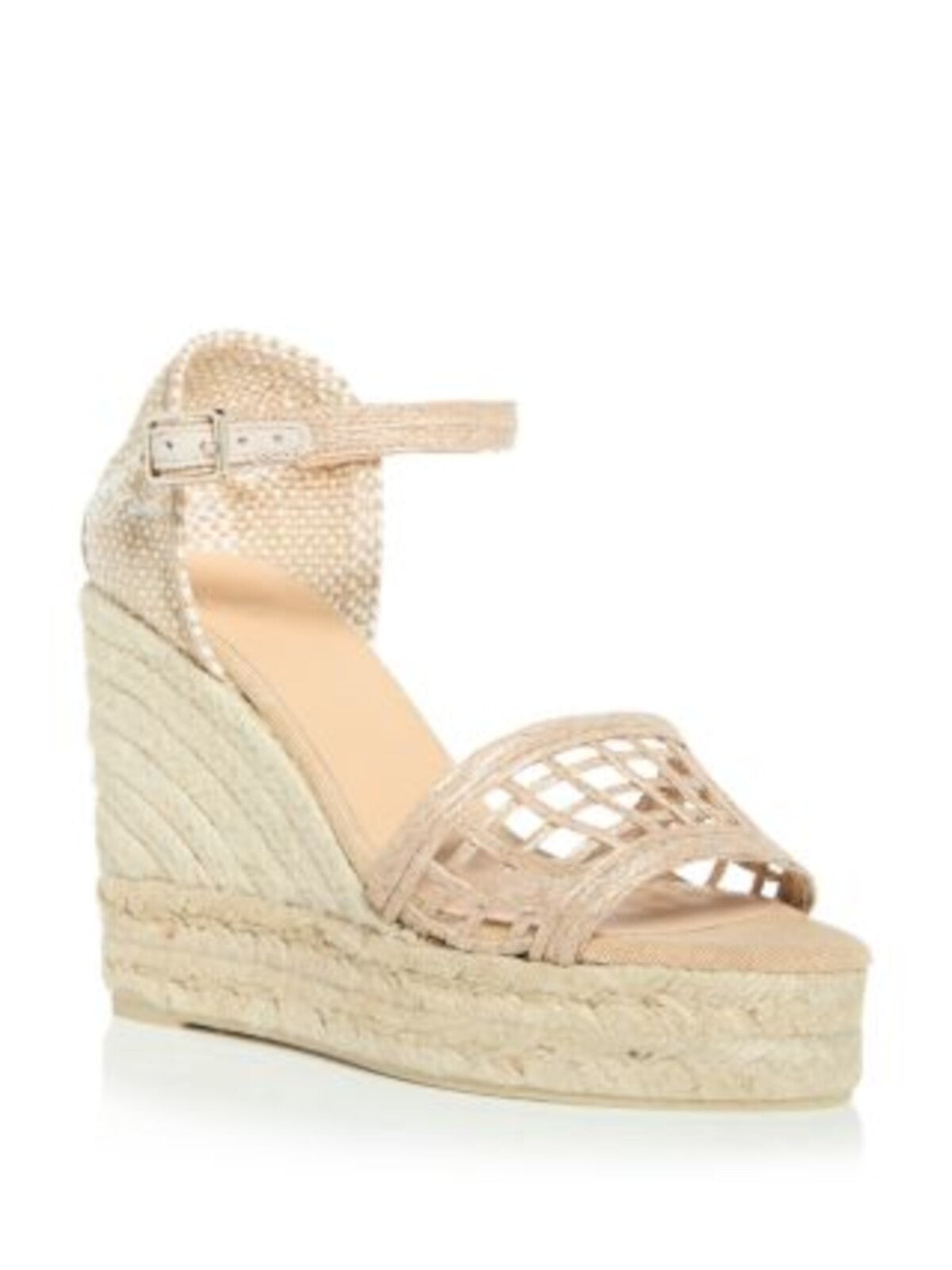 CASTANER Womens Beige Mixed Media 1-1/2" Platform Caged Woven Padded Ankle Strap Bari Almond Toe Wedge Buckle Espadrille Shoes 40