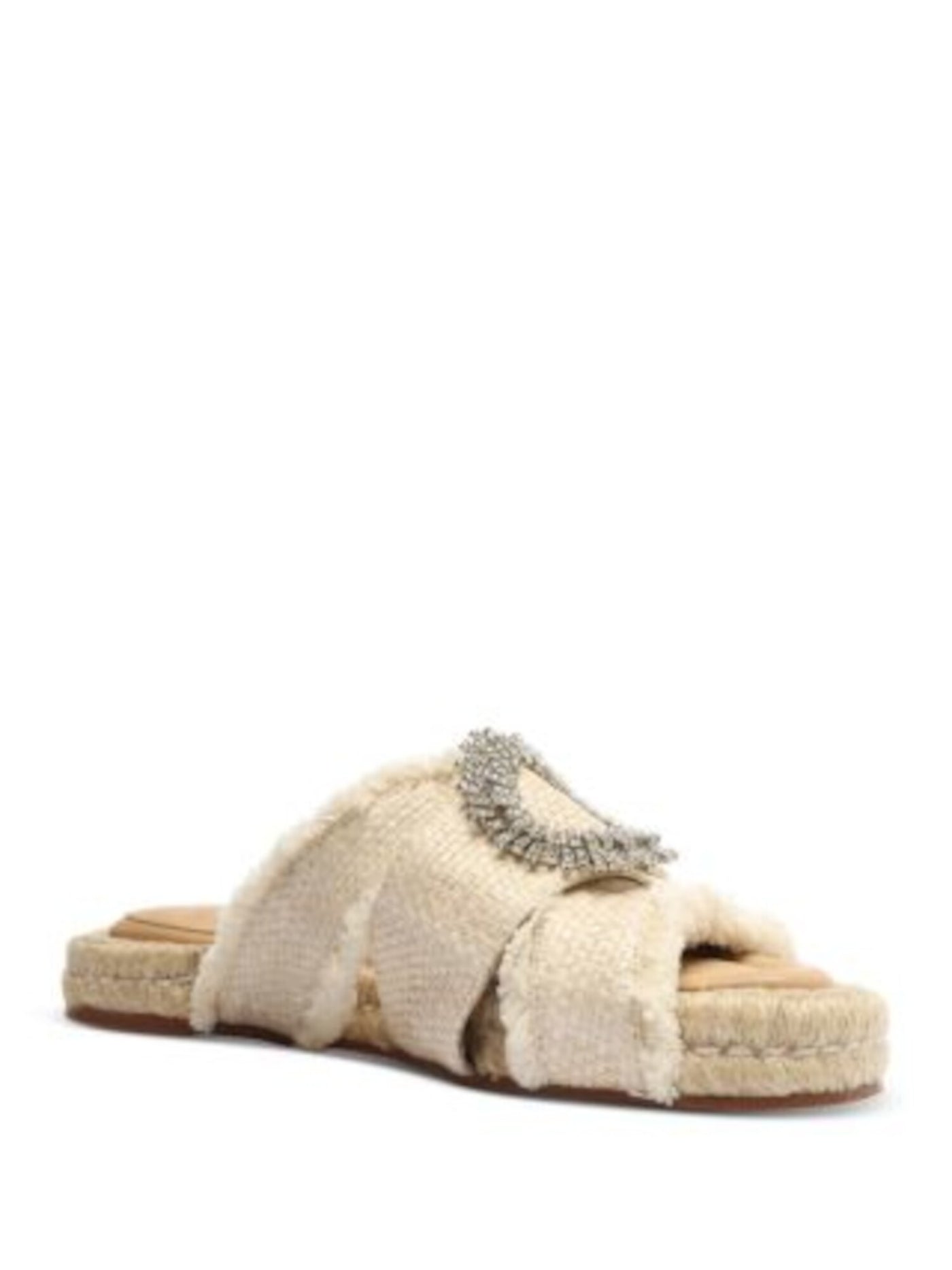ALEXANDRE BIRMAN Womens Beige Woven Crystal Starburst Hardware Strappy Fringed Cushioned Madelina Round Toe Platform Slip On Dress Slide Sandals Shoes 35.5