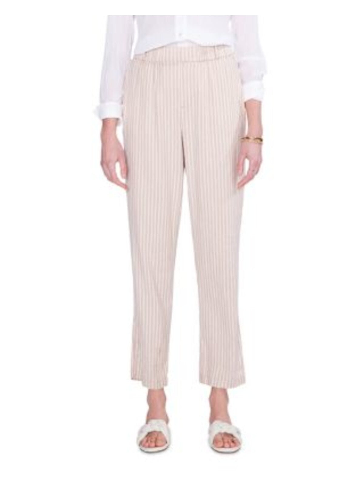 NIC+ZOE Womens Beige Pocketed Faux Fly Elastic Waist Ankle Striped Straight leg Pants 10