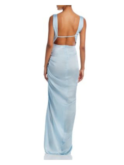 BAOBAB Womens Light Blue Zippered Twist Front Pleated Open Back High Slit Sleeveless Surplice Neckline Full-Length Evening Gown Dress L