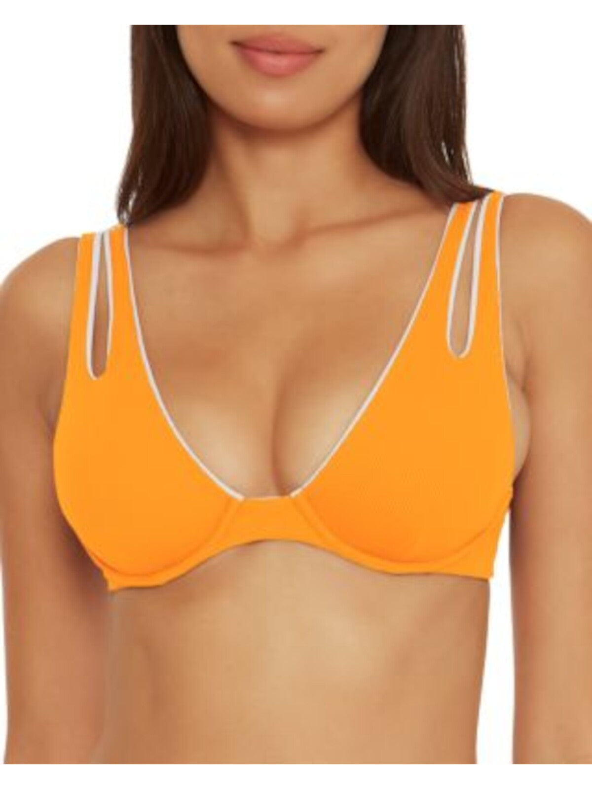 BECCA Women's Orange Ribbed Stretch Back Hook Removeable Cups Adjustable Cutout Bra Swimwear Top L