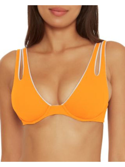 BECCA Women's Orange Ribbed Stretch Back Hook Removeable Cups Adjustable Cutout Bra Swimwear Top L