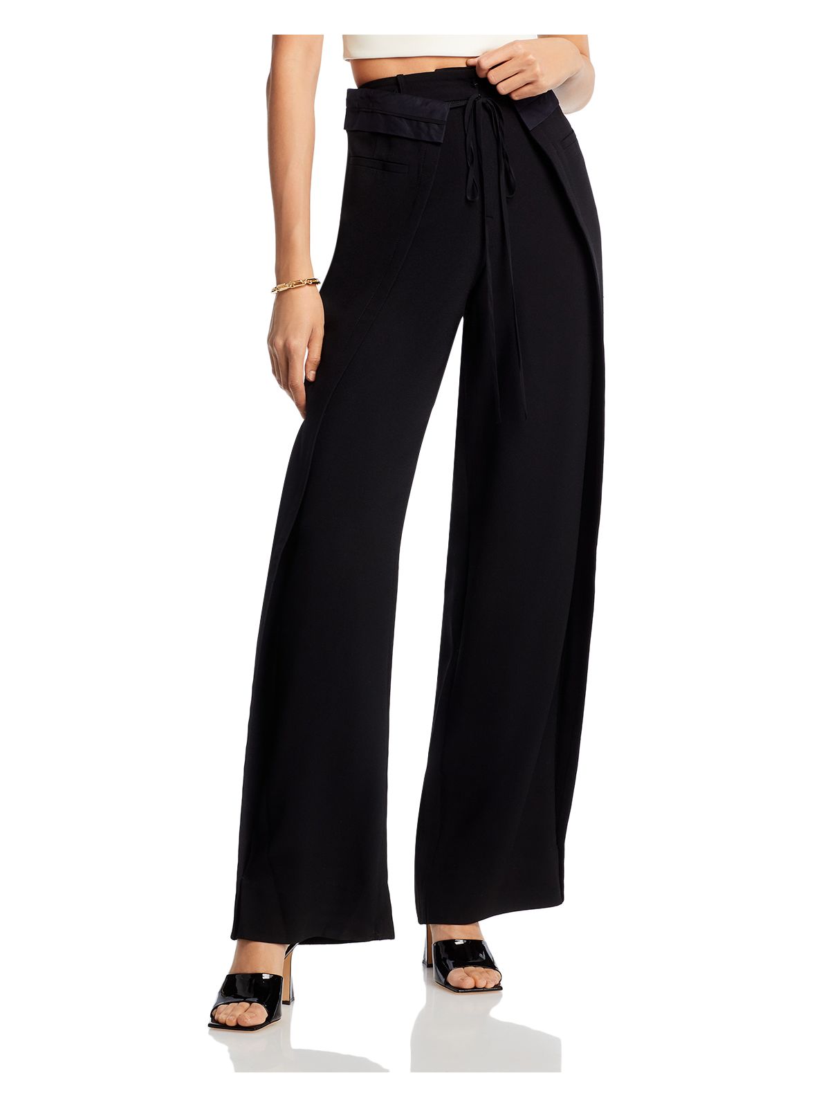 JASON WU Womens Black Zippered Pocketed Flap Front Wide Leg Tie Front Party High Waist Pants 2