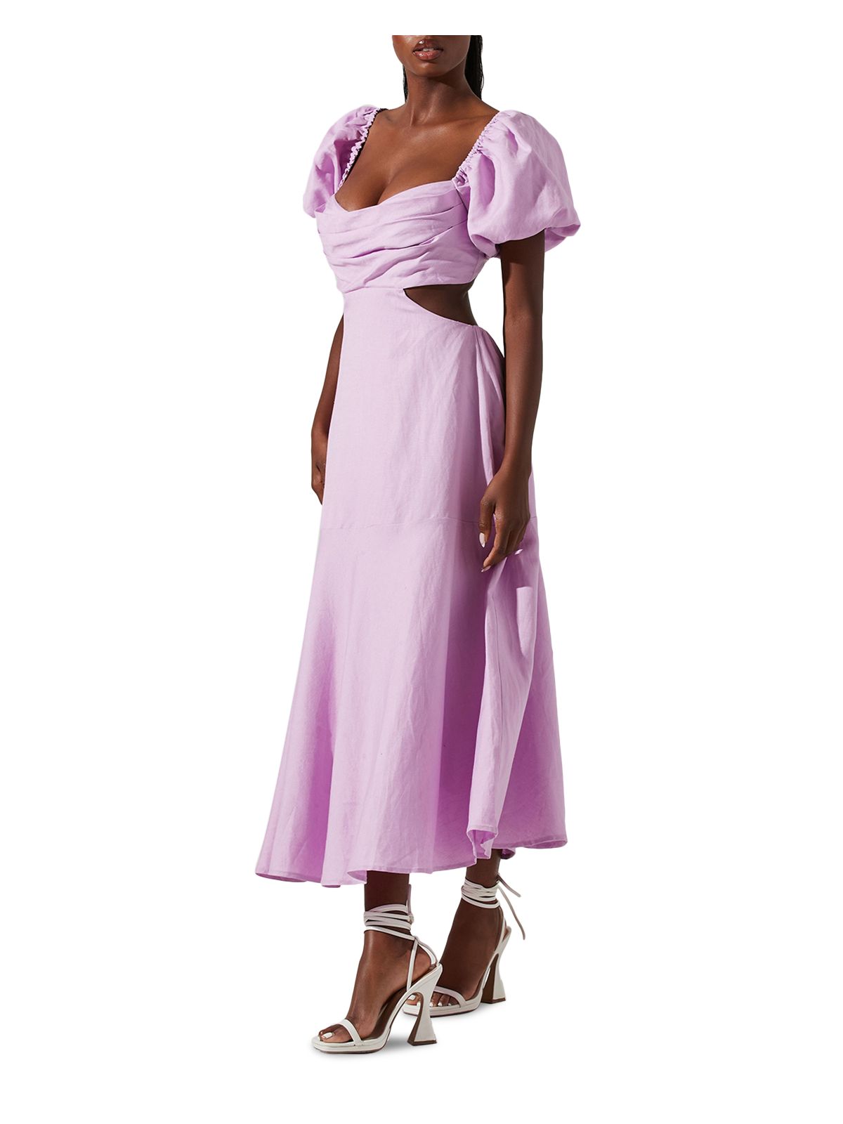 ASTR Womens Purple Cut Out Ruched Elastic Back Zippered Lined Pouf Sleeve Sweetheart Neckline Midi Party Fit + Flare Dress M