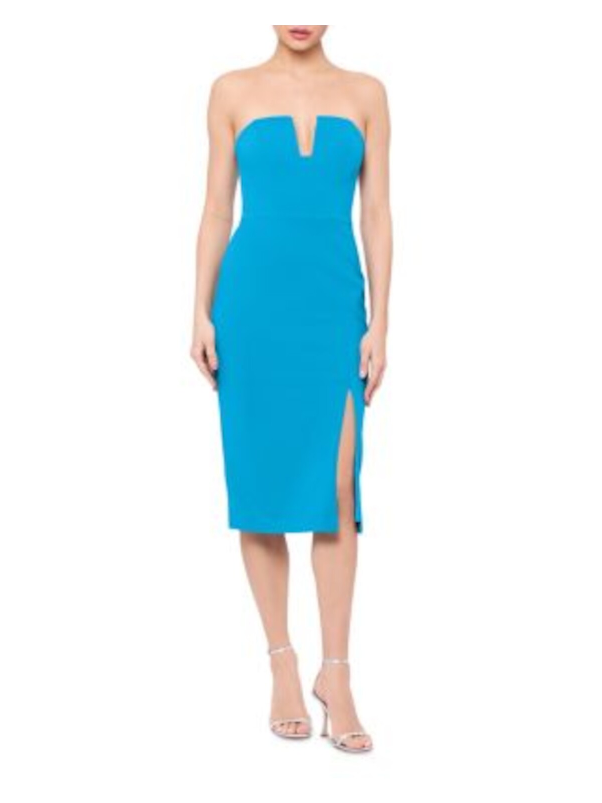 AQUA FORMAL Womens Blue Slitted Zippered Notched Front Lined Sleeveless Strapless Below The Knee Cocktail Sheath Dress 12