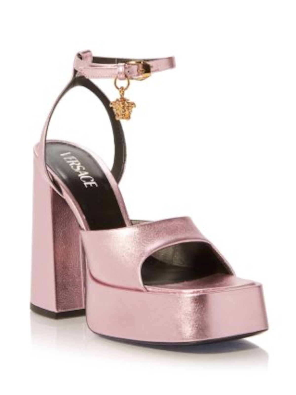 VERSACE Womens Pink 1-1/2" Platform Padded Logo Charm Ankle Strap Metallic Charm Square Toe Block Heel Buckle Leather Heeled Sandal 36.5