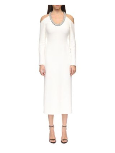 DAVID KOMA Womens White Cold Shoulder Zippered Crystal Embellished Slitted Long Sleeve Scoop Neck Midi Evening Sheath Dress 6