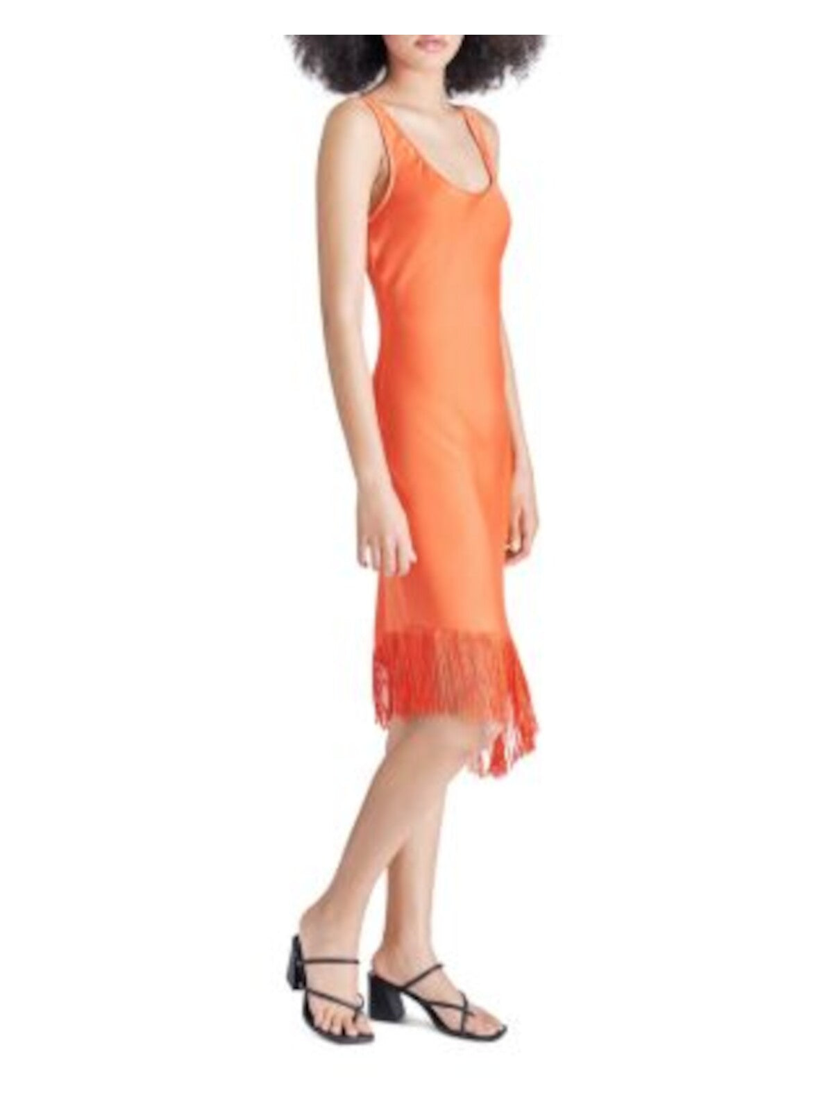 STEVE MADDEN Womens Orange Fringed Asymmetric Hem Sleeveless Scoop Neck Below The Knee Party Sheath Dress 2