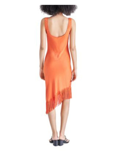 STEVE MADDEN Womens Orange Fringed Asymmetric Hem Sleeveless Scoop Neck Below The Knee Party Sheath Dress 6