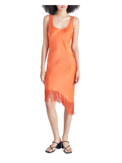 STEVE MADDEN Womens Orange Fringed Asymmetric Hem Sleeveless Scoop Neck Below The Knee Party Sheath Dress 4