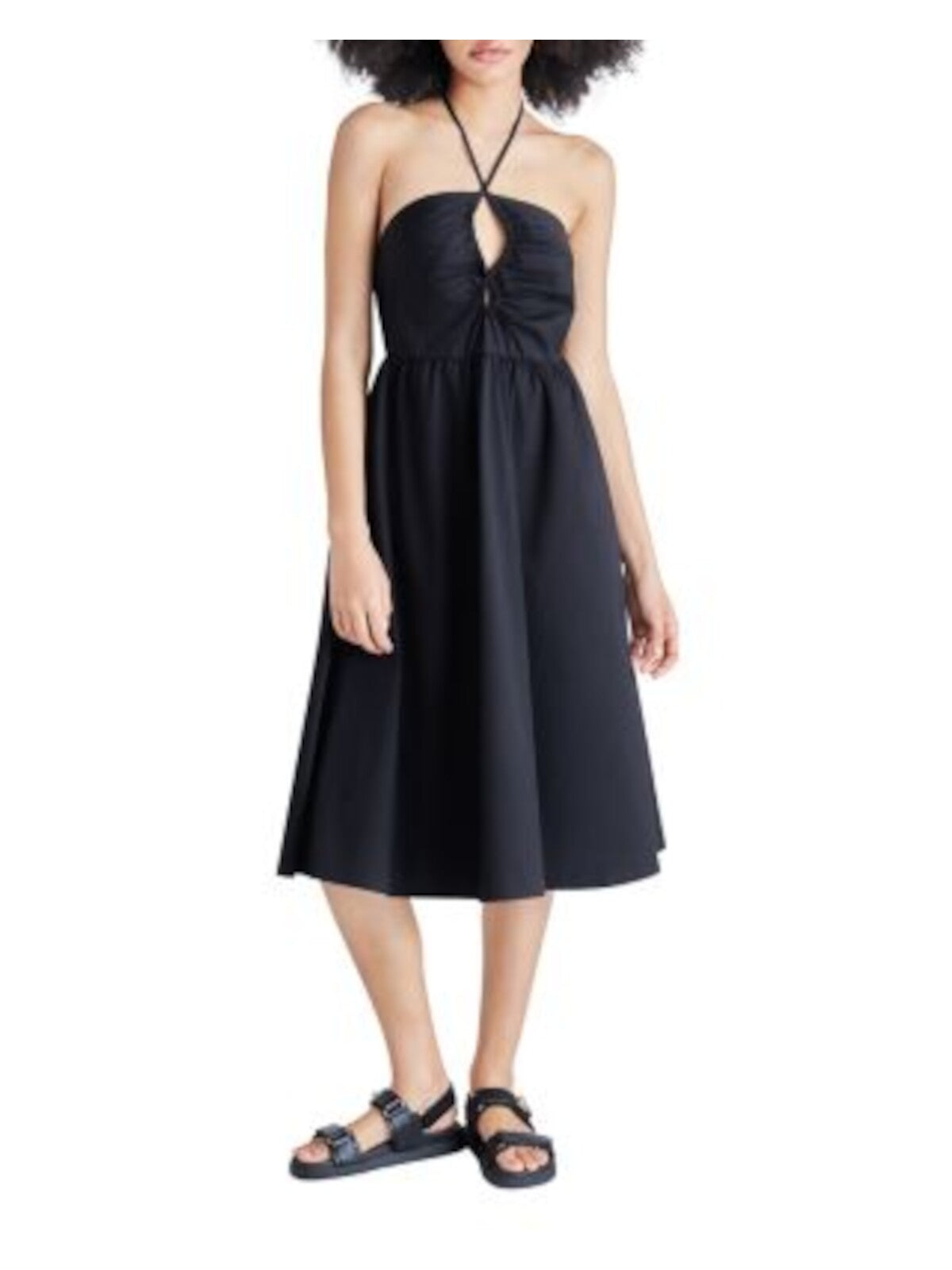 STEVE MADDEN Womens Black Zippered Pocketed Keyholes Smocked Back Sleeveless Halter Below The Knee Fit + Flare Dress S