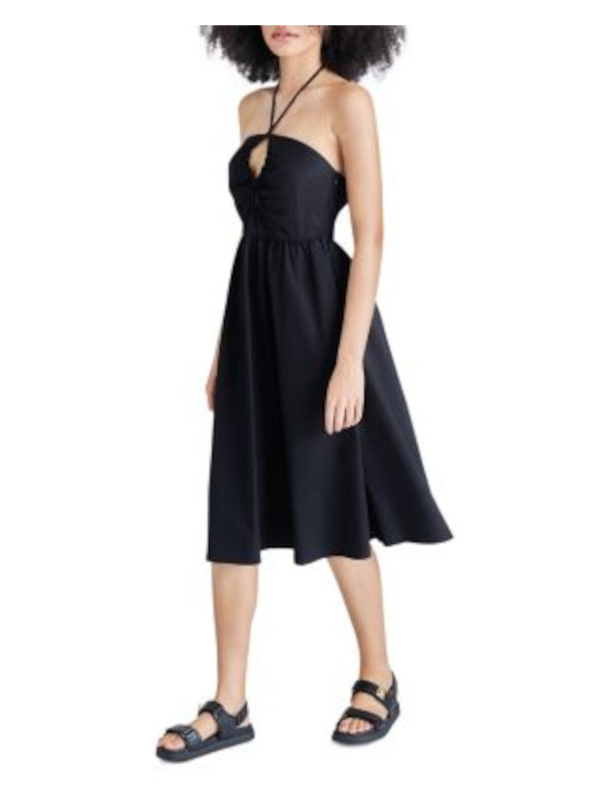 STEVE MADDEN Womens Black Zippered Pocketed Keyholes Smocked Back Sleeveless Halter Below The Knee Fit + Flare Dress S