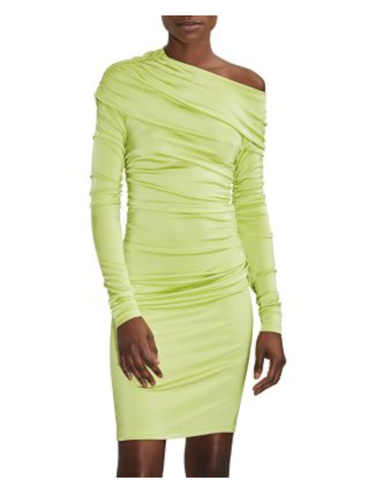 ET OCHS Womens Green Ruched Pullover Long Sleeve Asymmetrical Neckline Short Party Sheath Dress 2