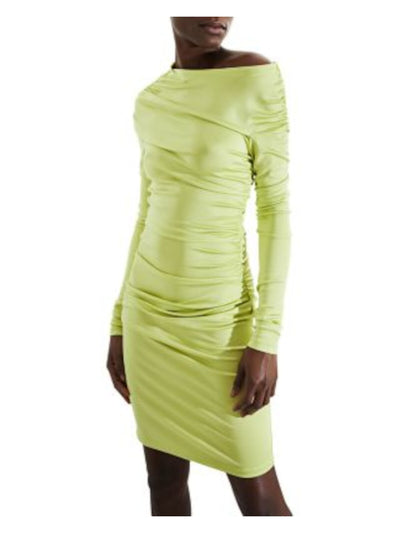 ET OCHS Womens Green Ruched Pullover Long Sleeve Asymmetrical Neckline Short Party Sheath Dress 4