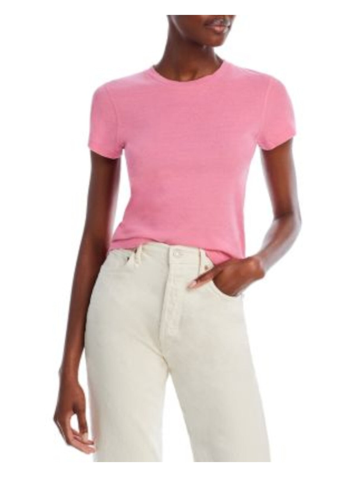 REDONE Womens Pink Ribbed Cropped Short Sleeve Crew Neck T-Shirt S