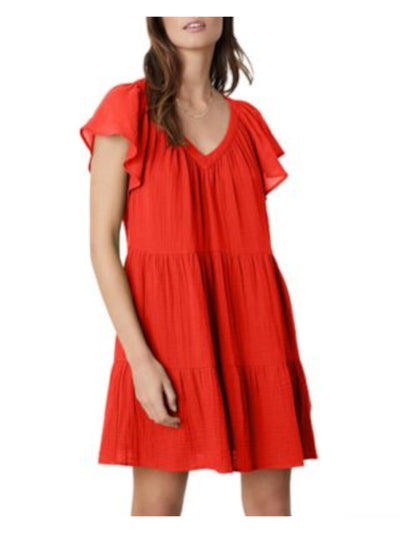 VELVET BY GRAHAM & SPENCER Womens Red Flutter Sleeve V Neck Above The Knee Shift Dress M