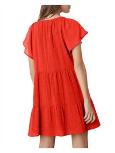 VELVET BY GRAHAM & SPENCER Womens Red Flutter Sleeve V Neck Above The Knee Shift Dress M