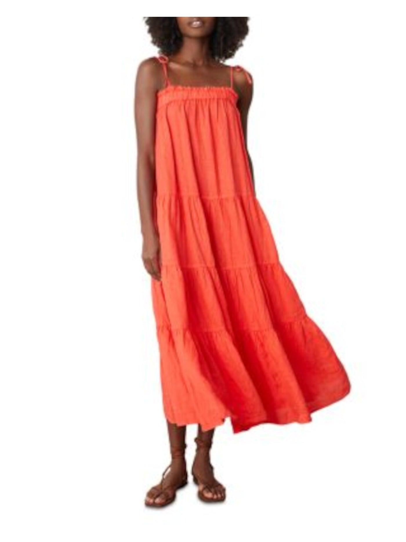 VELVET BY GRAHAM & SPENCER Womens Coral Tie Unlined Spaghetti Strap Square Neck Midi Shift Dress S