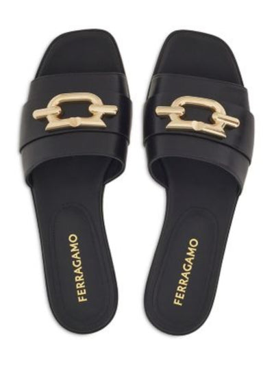 FERRAGAMO Womens Black Chain Accent Padded Priscilla Open Toe Slip On Leather Dress Slide Sandals Shoes 6