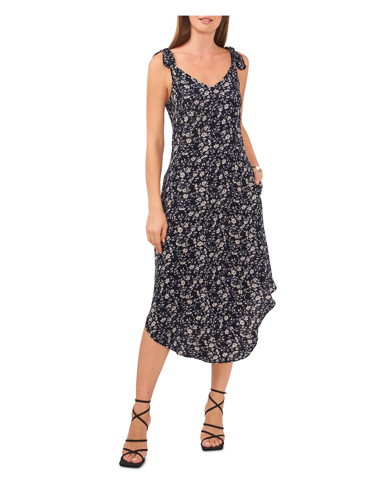 VINCE CAMUTO Womens Navy Zippered Pocketed Bow Accent On Straps Unlined Floral Spaghetti Strap V Neck Midi Sheath Dress XXS