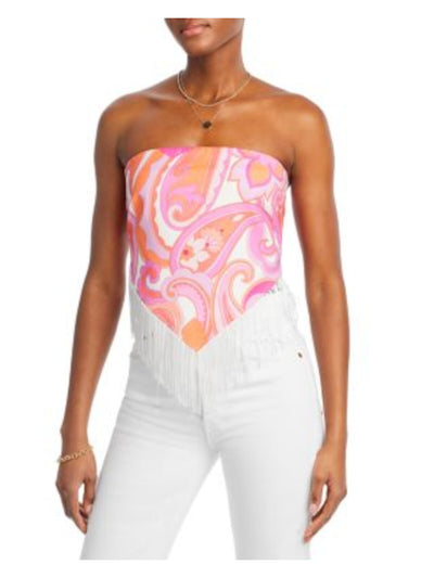LINE + DOT Womens Pink Fringed Lined Scarf Tie Back Paisley Sleeveless Strapless Top S