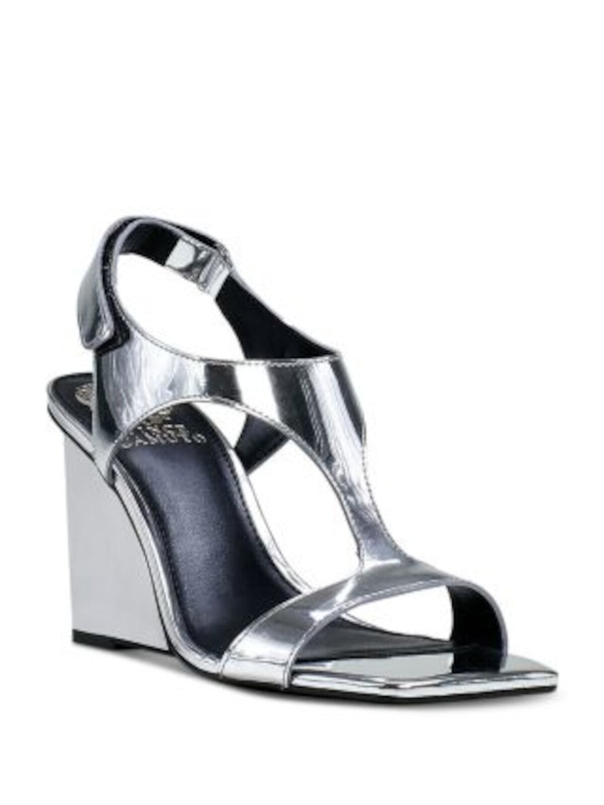 VINCE CAMUTO Womens Silver T-Strap Metallic Padded Larahana Square Toe Wedge Leather Heeled Sandal 6 M