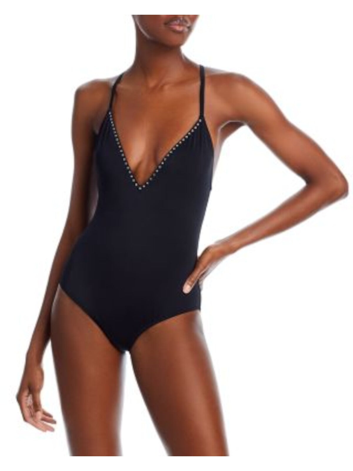 AQUA SWIM Women's Black Stretch V-Neck Rhinestones No Padding Adjustable Moderate Coverage One Piece Swimsuit S