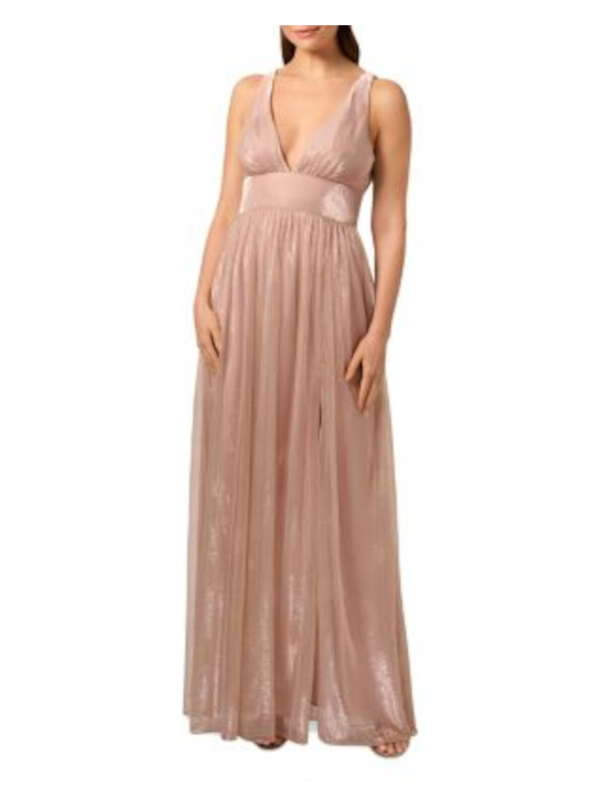 LIV FOSTER Womens Pink Zippered Slitted Empire Waist Shirred Lined Sleeveless V Neck Full-Length Evening Gown Dress 2