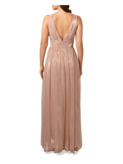 LIV FOSTER Womens Pink Zippered Slitted Empire Waist Shirred Lined Sleeveless V Neck Full-Length Evening Gown Dress 2