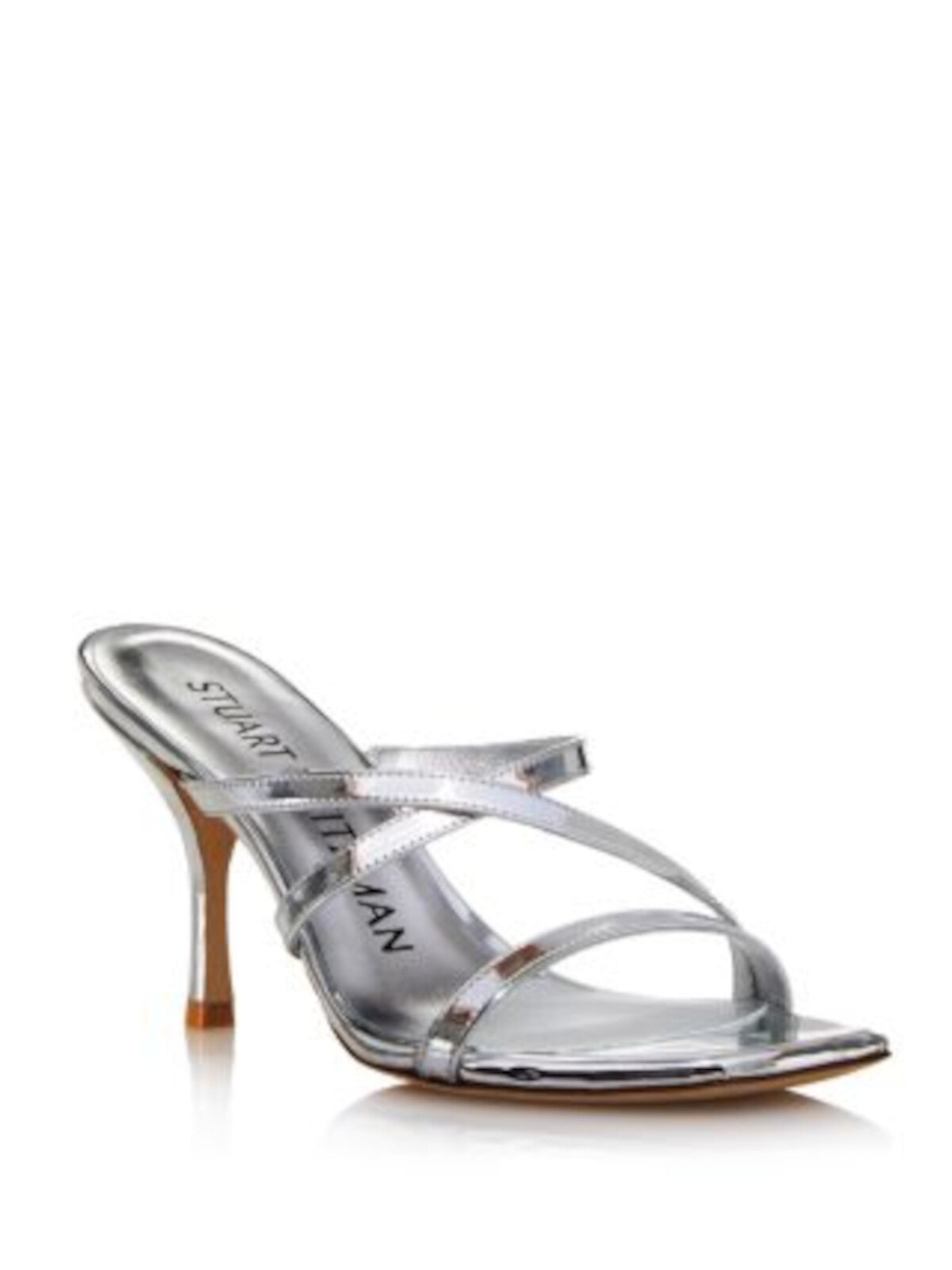 STUART WEITZMAN Womens Silver Metallic Strappy Padded Strapeze 85 Open Toe Stiletto Slip On Heeled Sandal 7.5 B