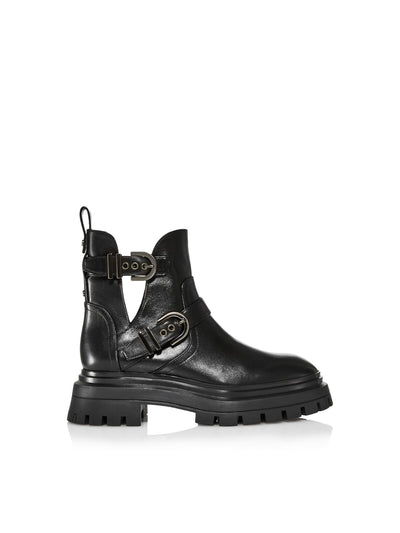 STUART WEITZMAN Womens Black 1" Platform Buckle Accent Heel Pull Tab Padded Lug Sole Cut Out Maverick Round Toe Buckle Leather Moto 8.5 B
