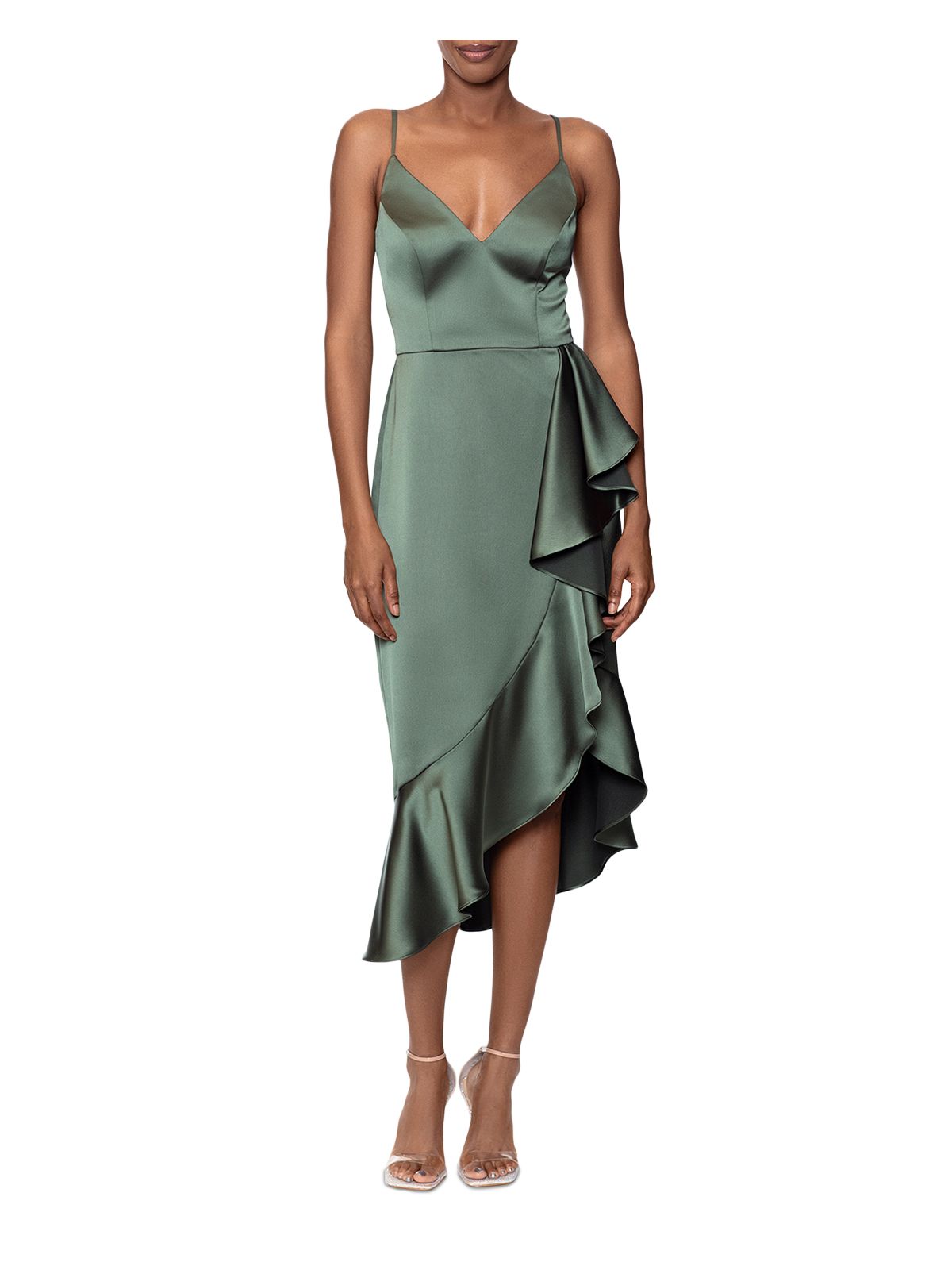 AQUA FORMAL Womens Green Zippered Lined Cascading Ruffle Hi-lo Hem Spaghetti Strap V Neck Midi Cocktail Sheath Dress 2