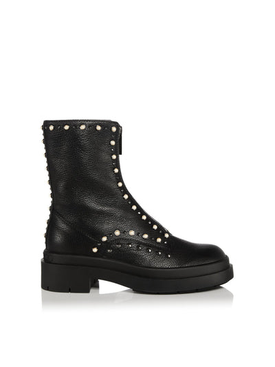 JIMMY CHOO Womens Black Faux Pearls Fits Small Studded Padded Nola Round Toe Zip-Up Leather Combat Boots 39.5