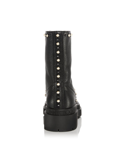 JIMMY CHOO Womens Black Faux Pearls Fits Small Studded Padded Nola Round Toe Zip-Up Leather Combat Boots 39.5