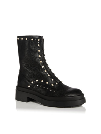 JIMMY CHOO Womens Black Faux Pearls Fits Small Studded Padded Nola Round Toe Zip-Up Leather Combat Boots 39.5