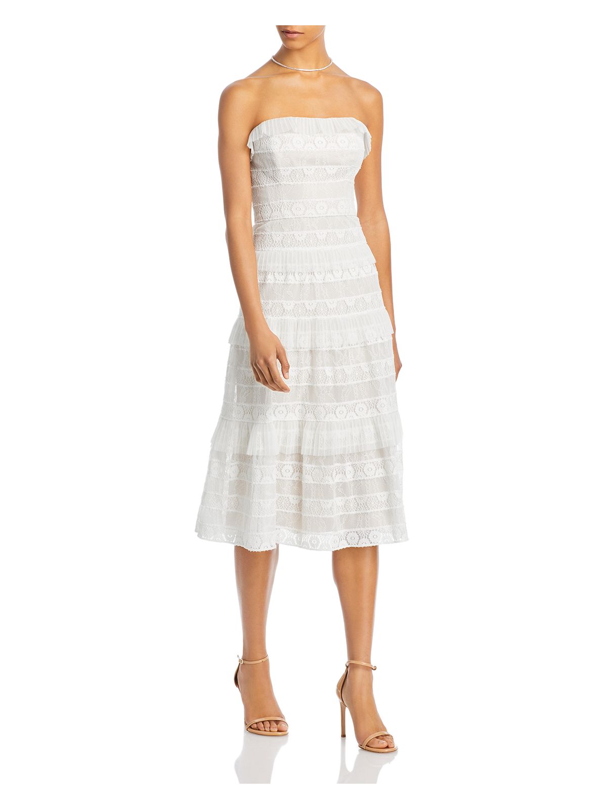 BCBG MAXAZRIA Womens White Ruffled Zippered Tiered Lined Sleeveless Strapless Midi Party Fit + Flare Dress 10