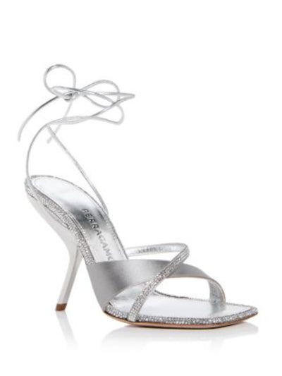 FERRAGAMO Womens Silver Mixed Media Ankle Wrap Embellished Padded Allegra Square Toe Stiletto Lace-Up Dress Heeled Sandal 6.5
