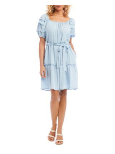 KAREN KANE Womens Light Blue Tie Ruffled Short Sleeve Scoop Neck Above The Knee Baby Doll Dress M