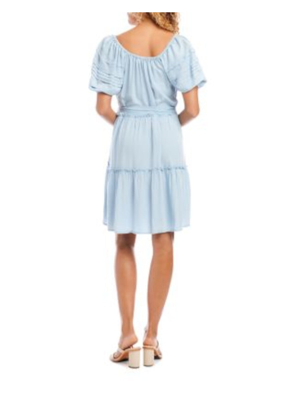 KAREN KANE Womens Light Blue Tie Ruffled Short Sleeve Scoop Neck Above The Knee Baby Doll Dress M