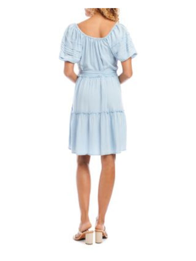 KAREN KANE Womens Light Blue Tie Ruffled Short Sleeve Scoop Neck Above The Knee Baby Doll Dress M